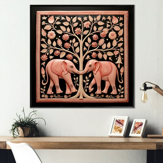 Designart "Jaipur Elephants Indian Art III" People Framed Wall Art - Traditional Pink Indian Art Hallway Framed Wall Art Decor