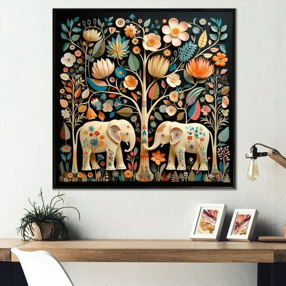 Designart "Jaipur Elephants Indian Art IV" People Framed Wall Art - Traditional Beige Indian Art Living Room Framed Canvas Art