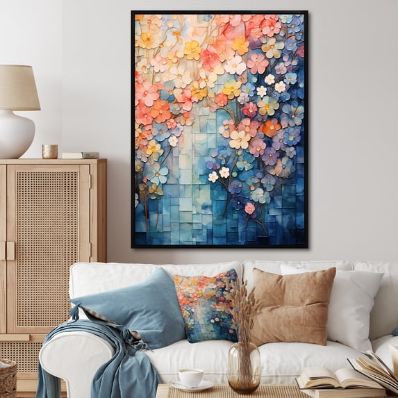 Designart "Japan Landscapes with Blooming Trees in Blue I" Floral Framed Wall Art - Modern Blue Abstract Floral Entryway Framed Wall Art