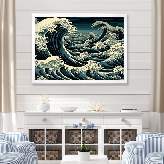 Designart "Japan Wave's Edge in Blue and White" Coastal Framed Wall Art Decor - Coastal White Coastal Minimalism Hallway Framed Wall Art Decor