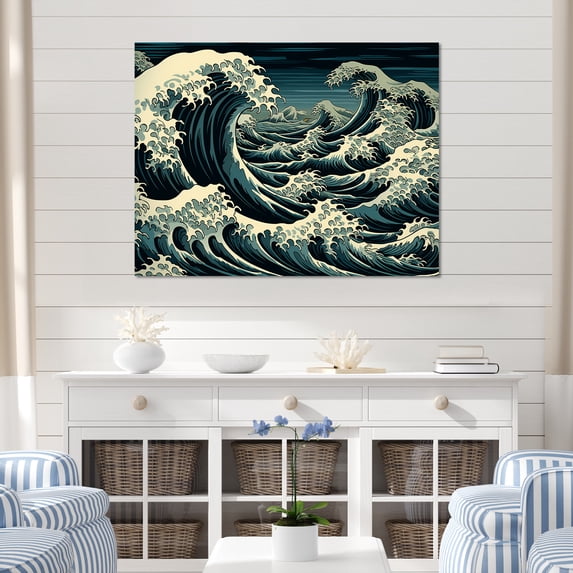 Designart "Japan Wave's Edge in Blue and White" Extra Large Coastal Wall Art - Coastal White Coastal Minimalism Bedroom Canvas Wall Art
