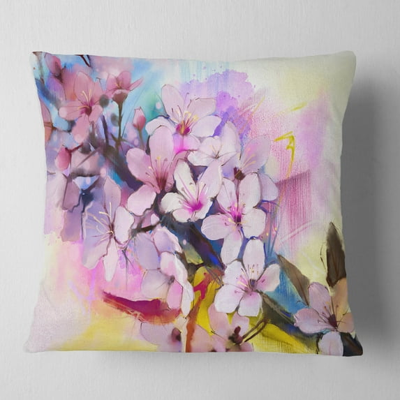 Designart Japanese Cherry Blossoms Watercolor - Floral Throw Pillow - 18x18
