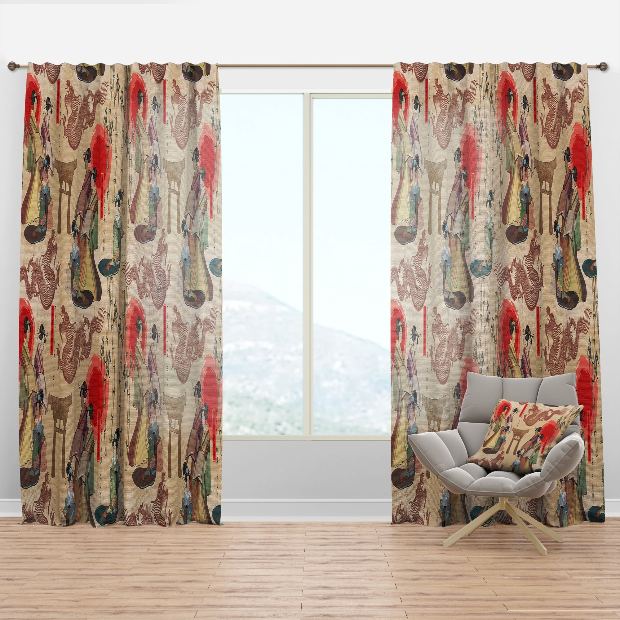 Designart 'Japanese Dragons and Geishas' Oriental Curtain Panel