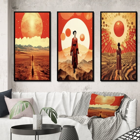 Designart "Japanese Geisha under the Full Moon II" Asian Woman Framed Wall Art Set Of 3 - Red Woman Asian Frame Canvas Set For Living Room Decor