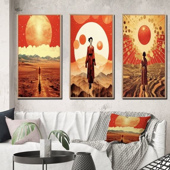 Designart "Japanese Geisha under the Full Moon II" Asian Woman Framed Wall Art Set Of 3 - Red Woman Asian Frame Canvas Set For Living Room Decor