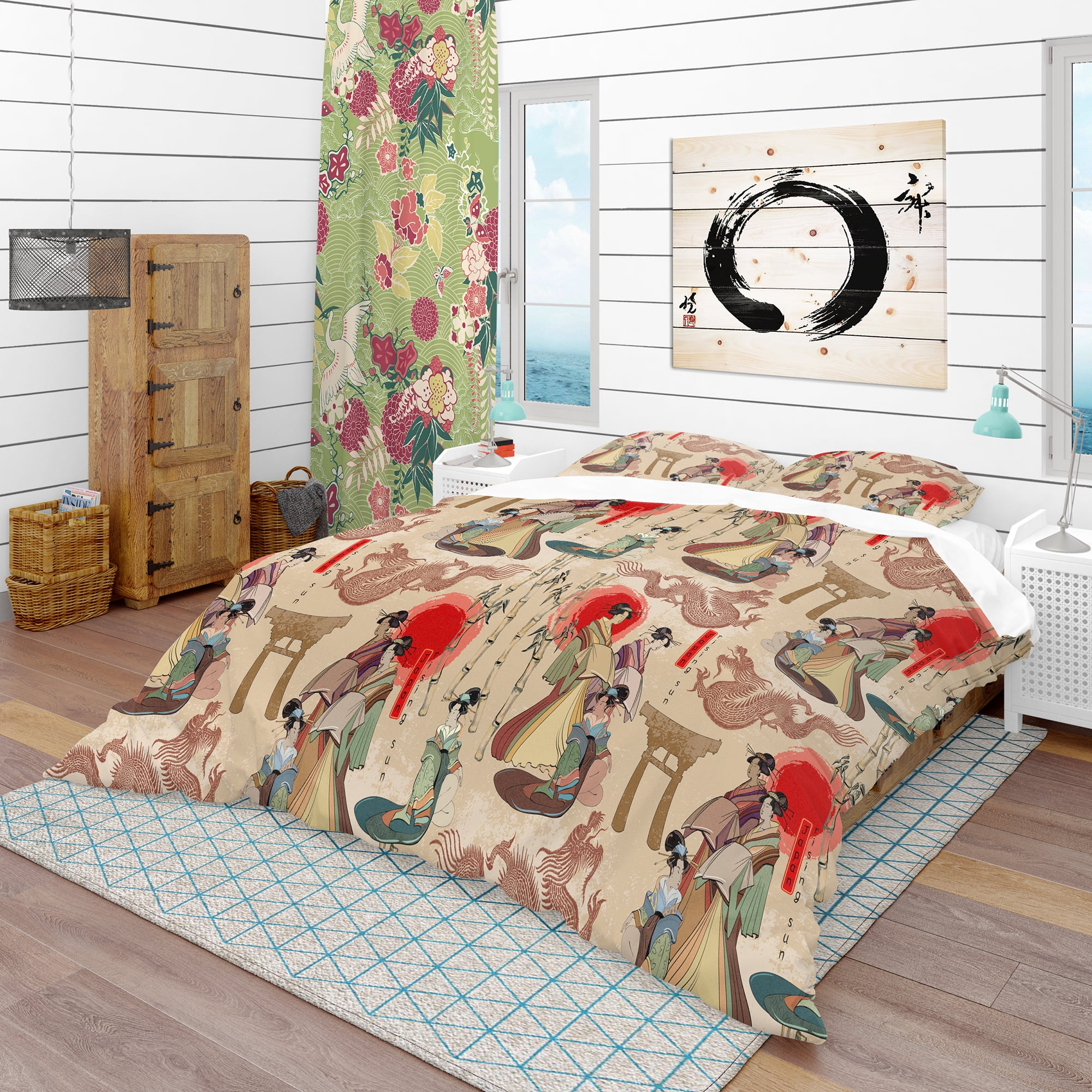 King Size Oriental Vintage Geisha and Dragon Duvet Cover Set