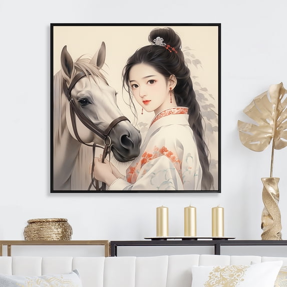 Designart "Japanese Kimono Woman and Horse I" Fashion Framed Wall Art - Glam White Woman Japan Entryway Framed Wall Art Print