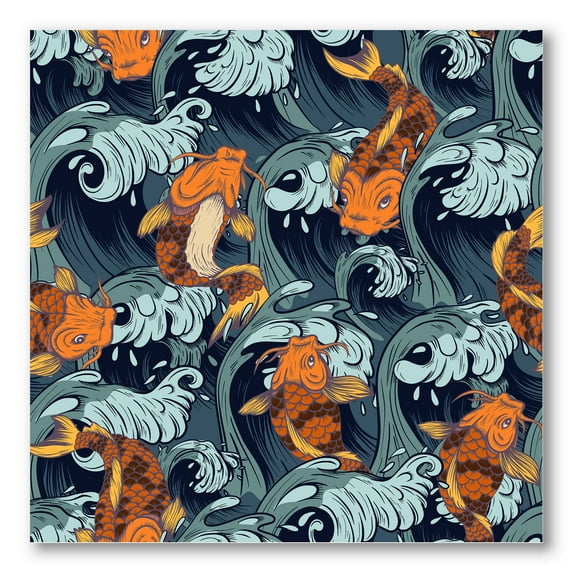 Designart ' Japanese Koi Fish on Sea Waves ' Nautical & Coastal Canvas Wall Art Print