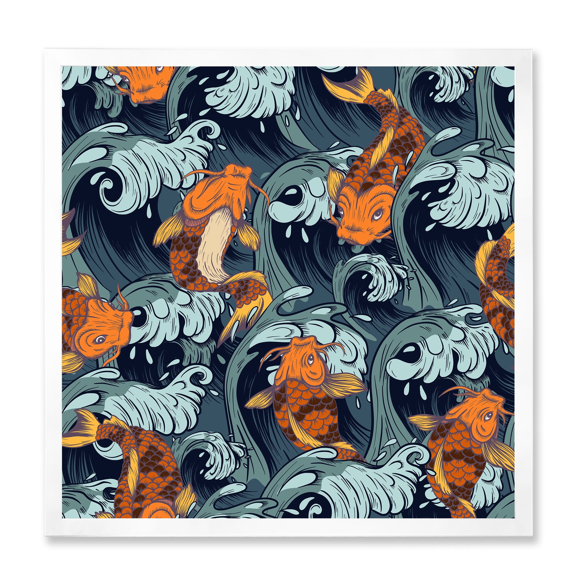 Designart 'Japanese Koi Fish on Sea Waves' Nautical & Coastal Framed Art Print