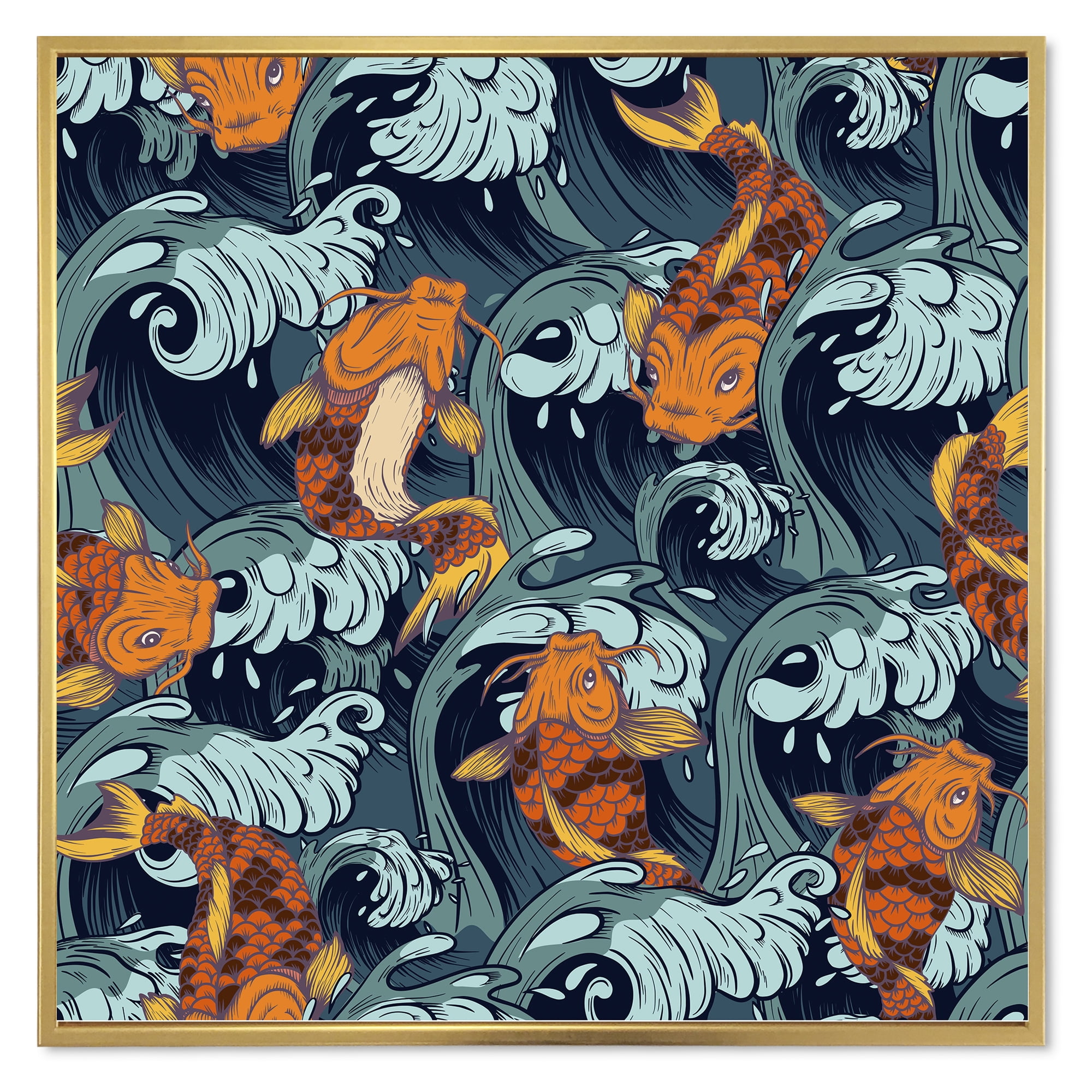 Designart 'Japanese Koi Fish on Sea Waves' Nautical & Coastal Framed Canvas Wall Art Print