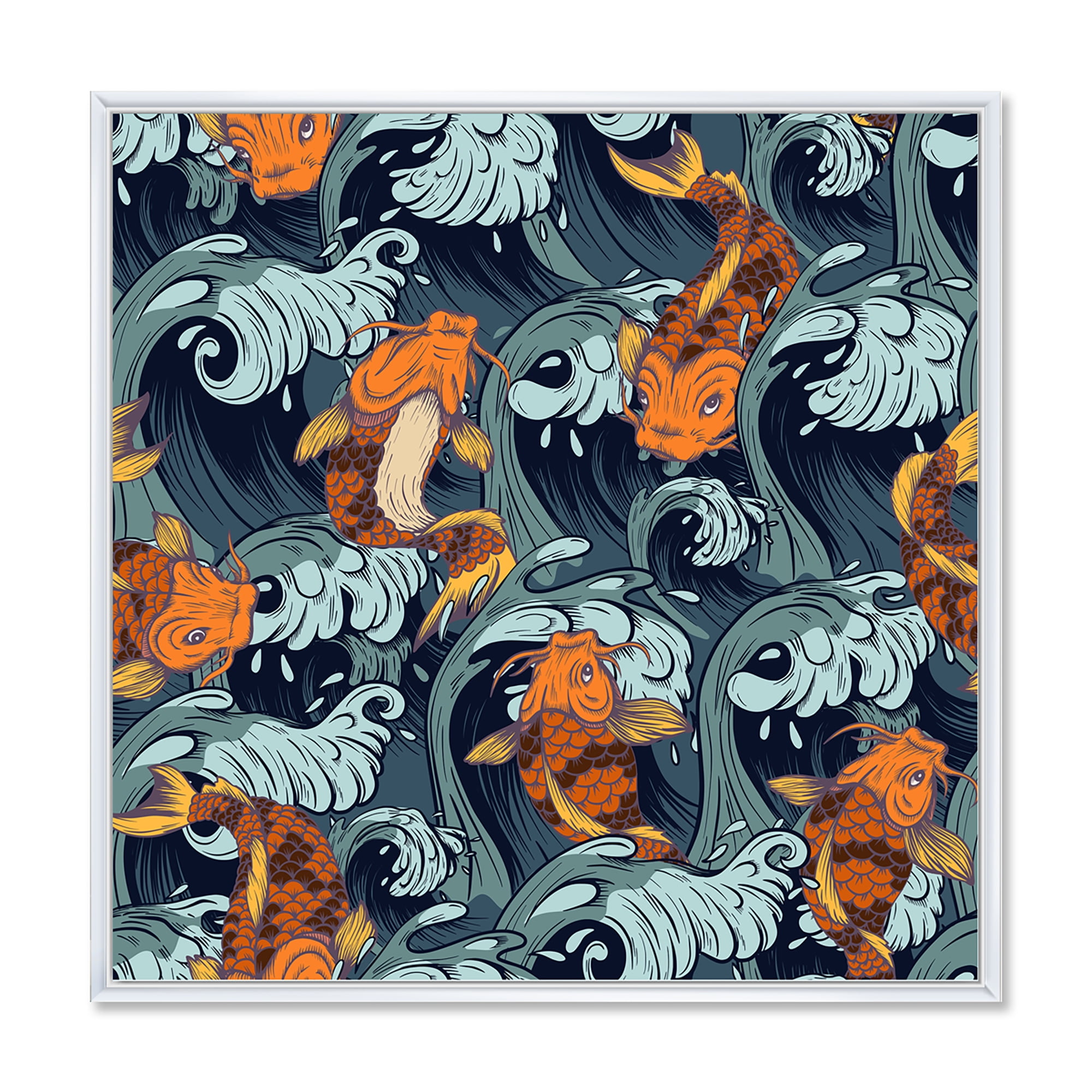 Designart 'Japanese Koi Fish on Sea Waves' Nautical & Coastal Framed Canvas Wall Art Print