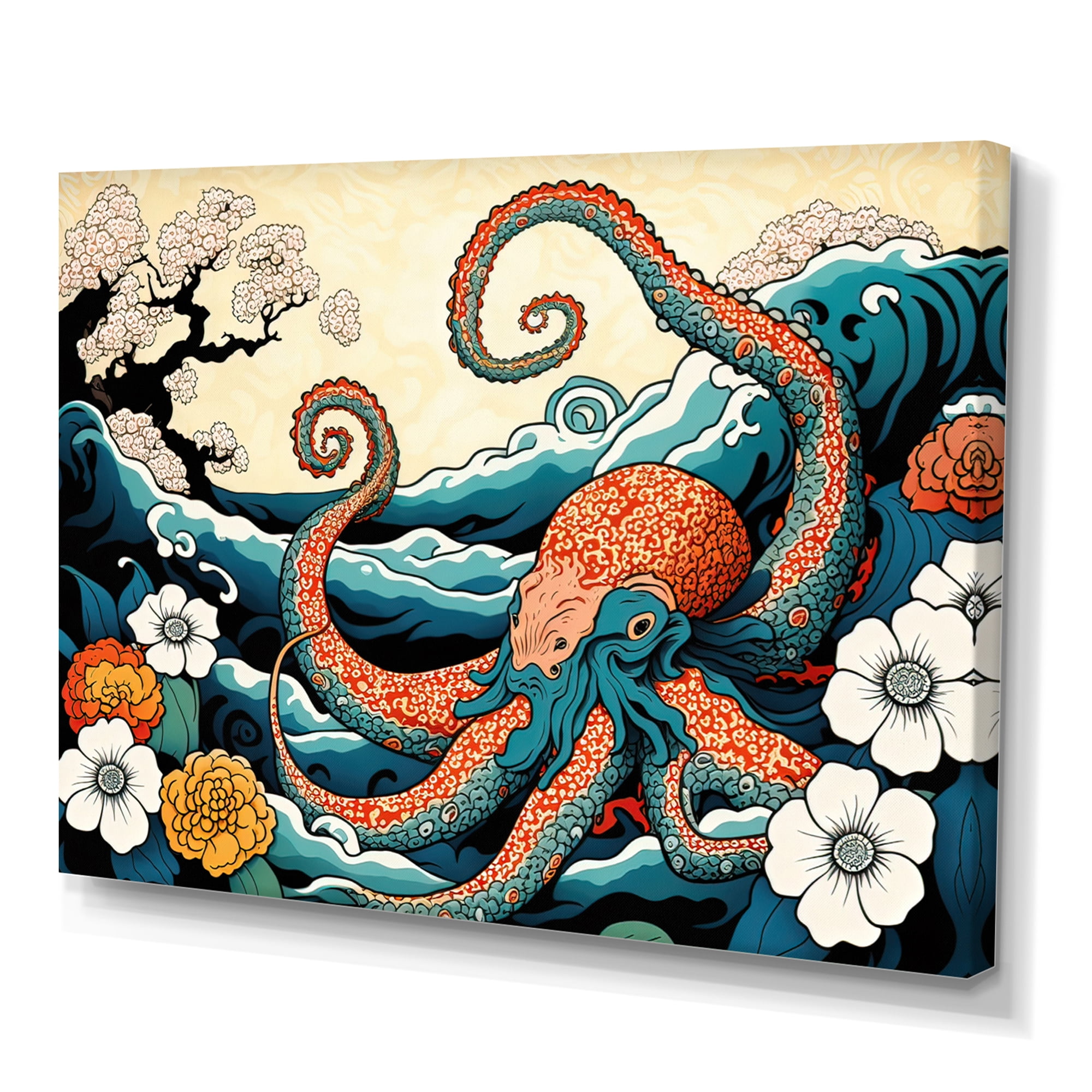 Designart Japanese Landscape With Octopus IV Canvas Wall Art
