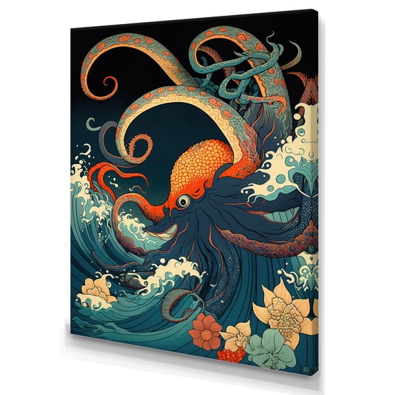 Designart Japanese Landscape With Octopus V Canvas Wall Art