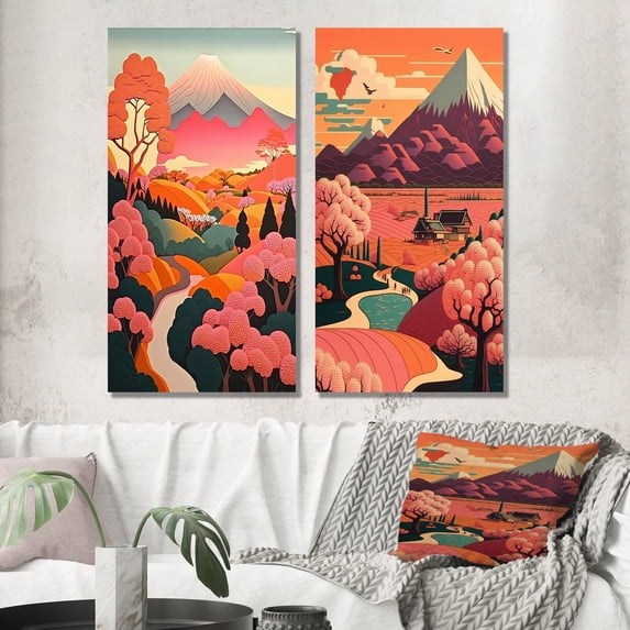 Designart "Japanese Mountain Serenity Elegant Pink Landscape I" Meadow Wall Art Set Of 2 - Traditional Pink Gallery Set For Office Decor