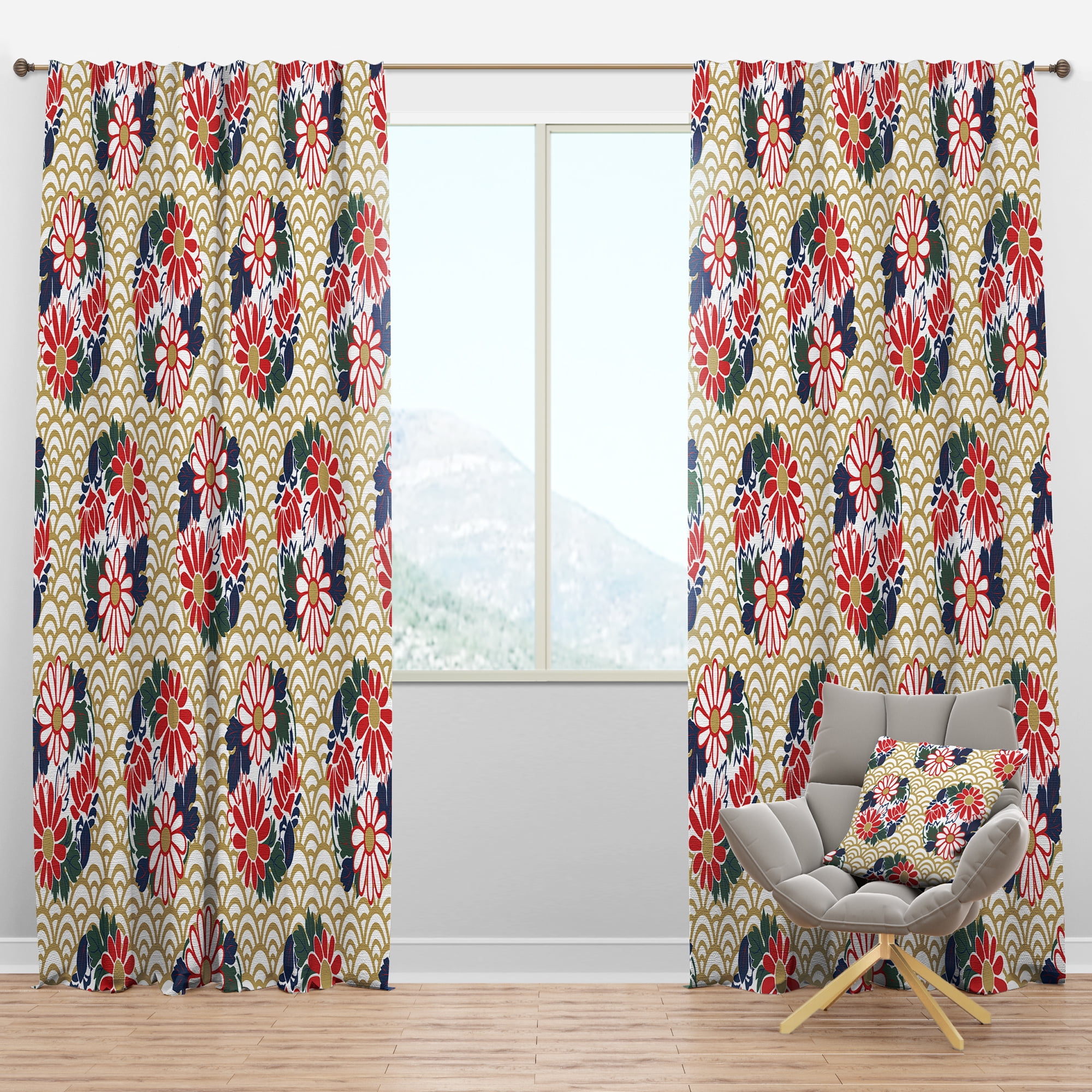 Designart 'Japanese Red Floral Pattern' Oriental Blackout Curtain Panel