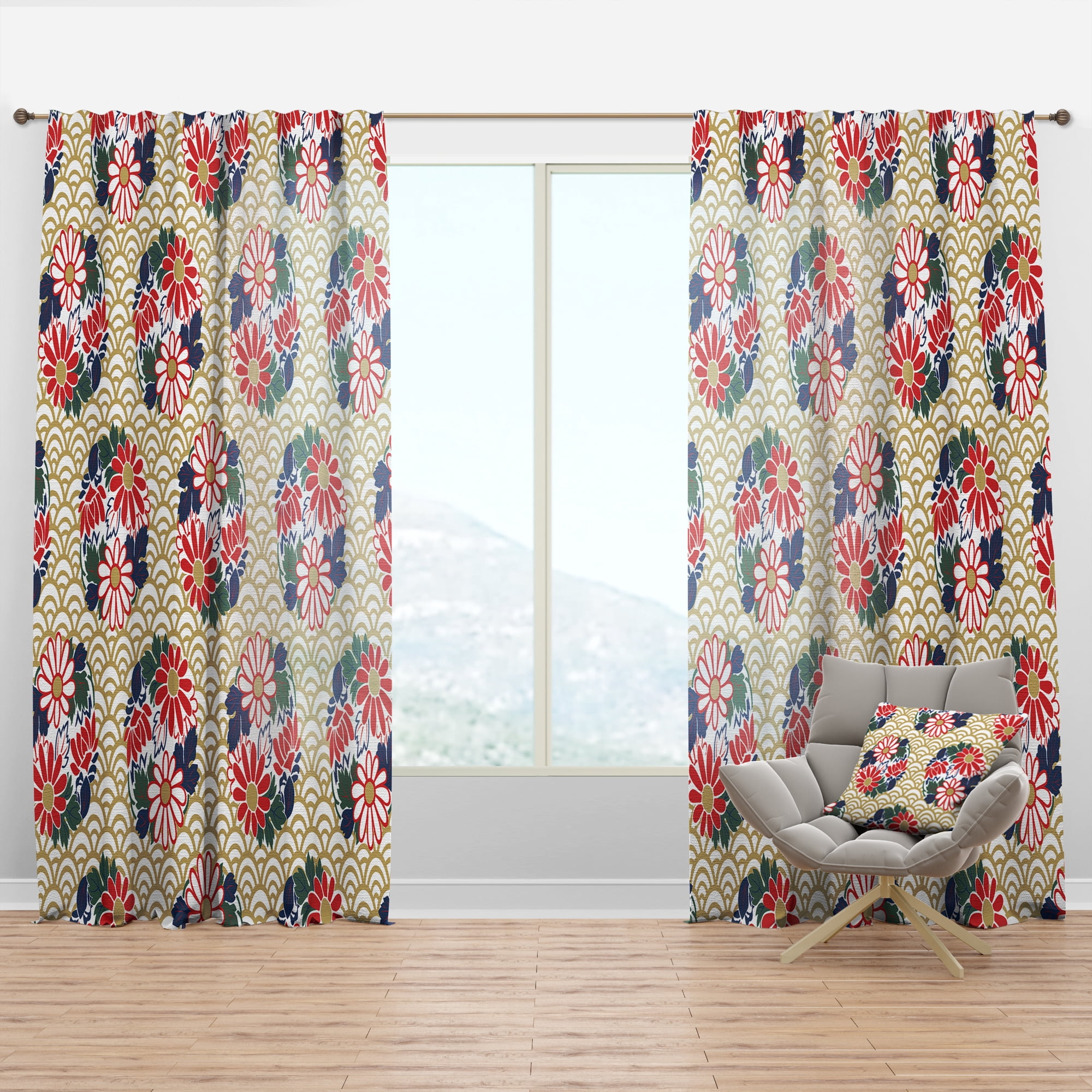 Designart 'Japanese Red Floral Pattern' Oriental Curtain Panel
