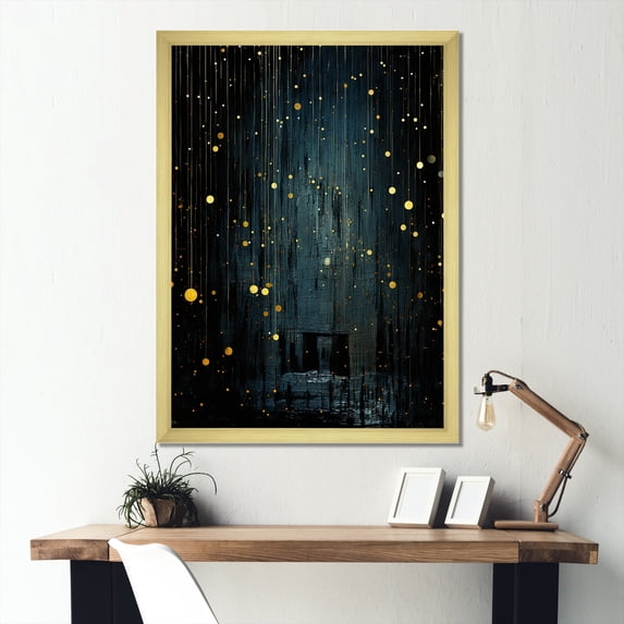 Designart "Japanese Starry Night in Black and Yellow" Landscapes Framed Wall Art - Traditional Black Japan Living Room Framed Canvas Art