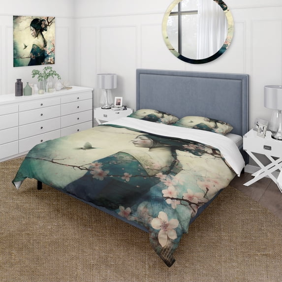 Designart "Japanese Woman Amidst Cherry Blossoms" Asian Woman Bedding Covert Set - Woman Asian Black Fashion Bed Set With 2 Shams