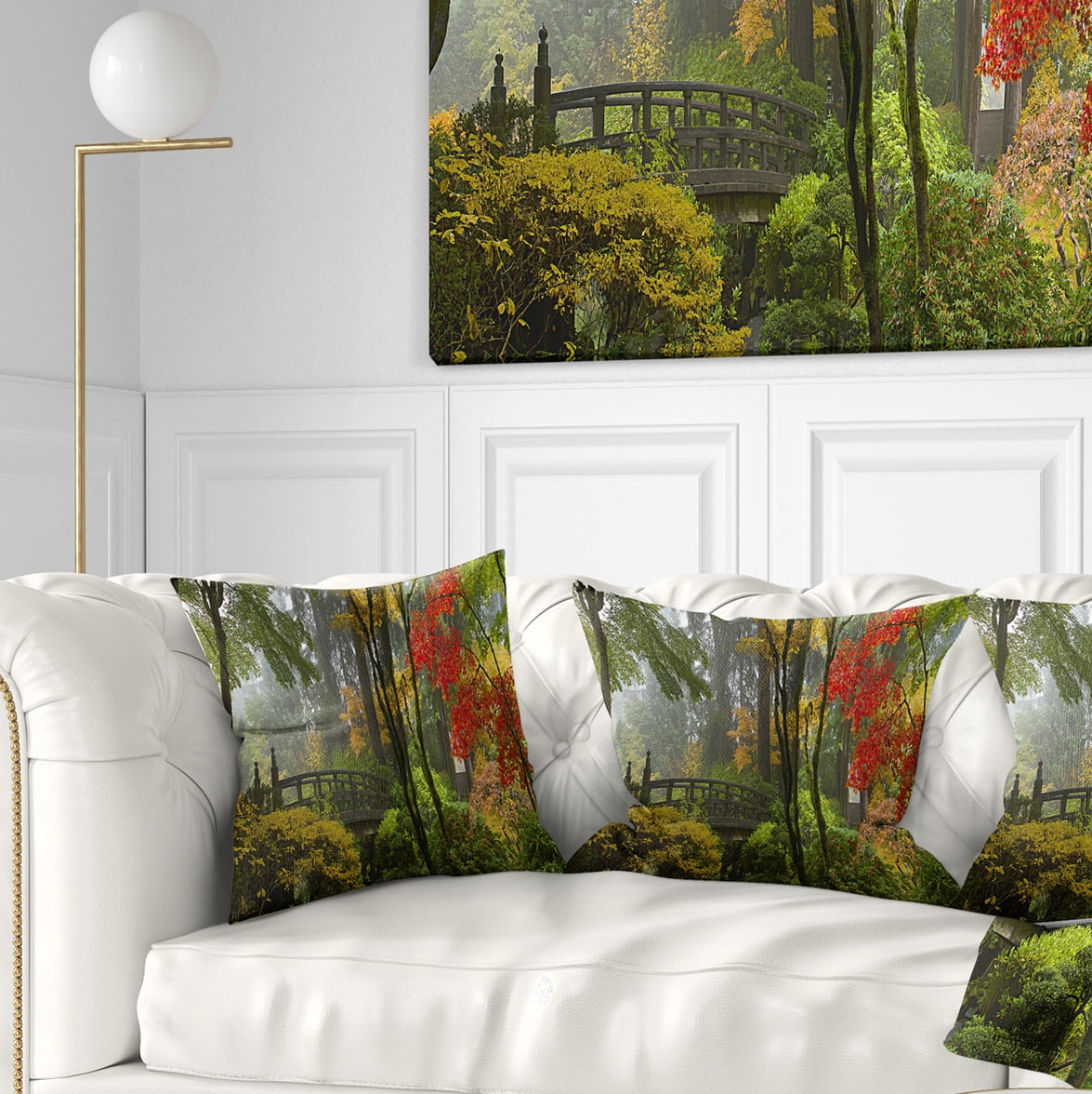 Designart Japanese Wooden Bridge in Fall - Photography Throw Pillow - 18x18