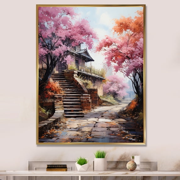 Designart "Japon Art Pink blossom Path" Floral Floater Framed Canvas Print