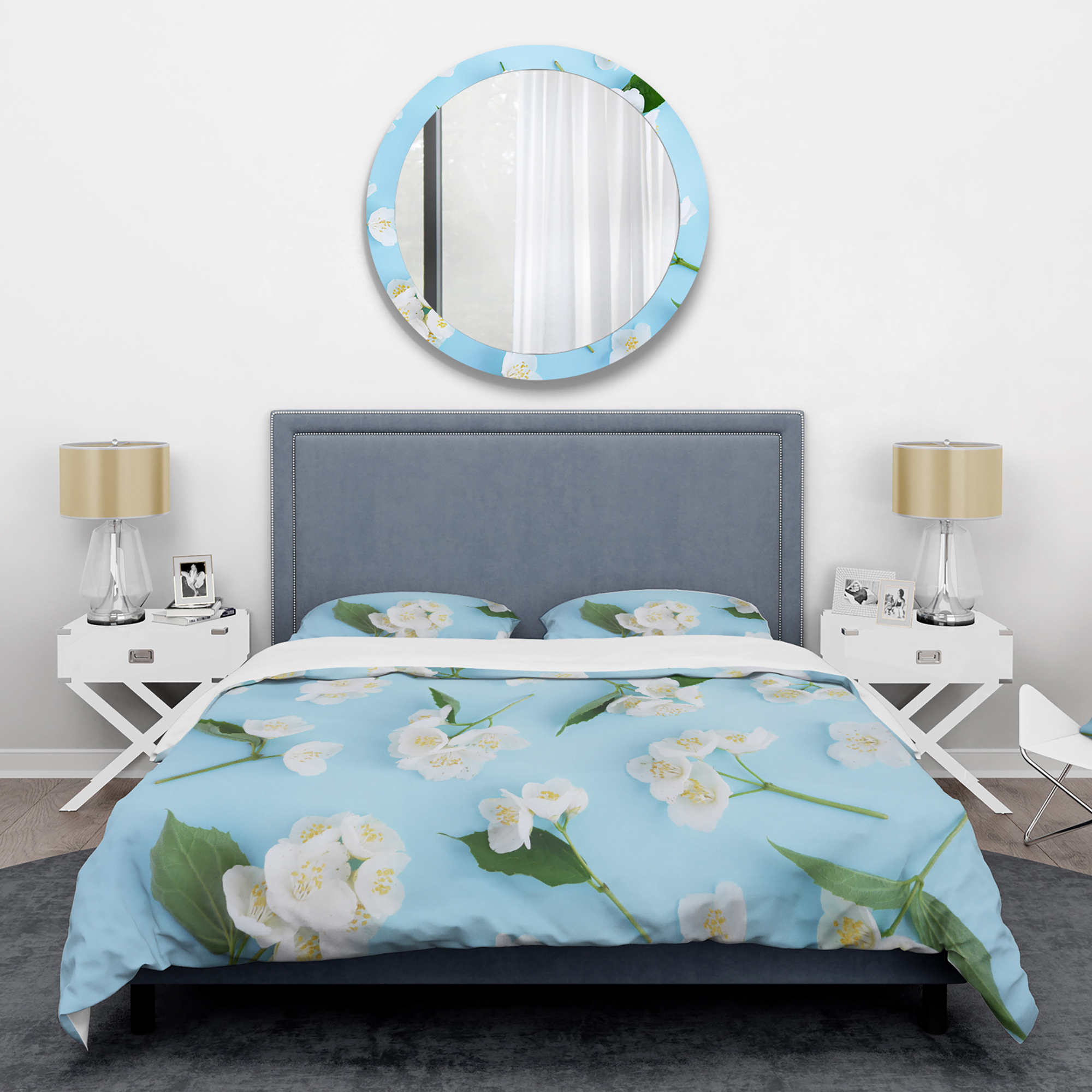 Designart 'Jasmin Flowers of Bright Blue' Mid-Century Modern Duvet Cover Set