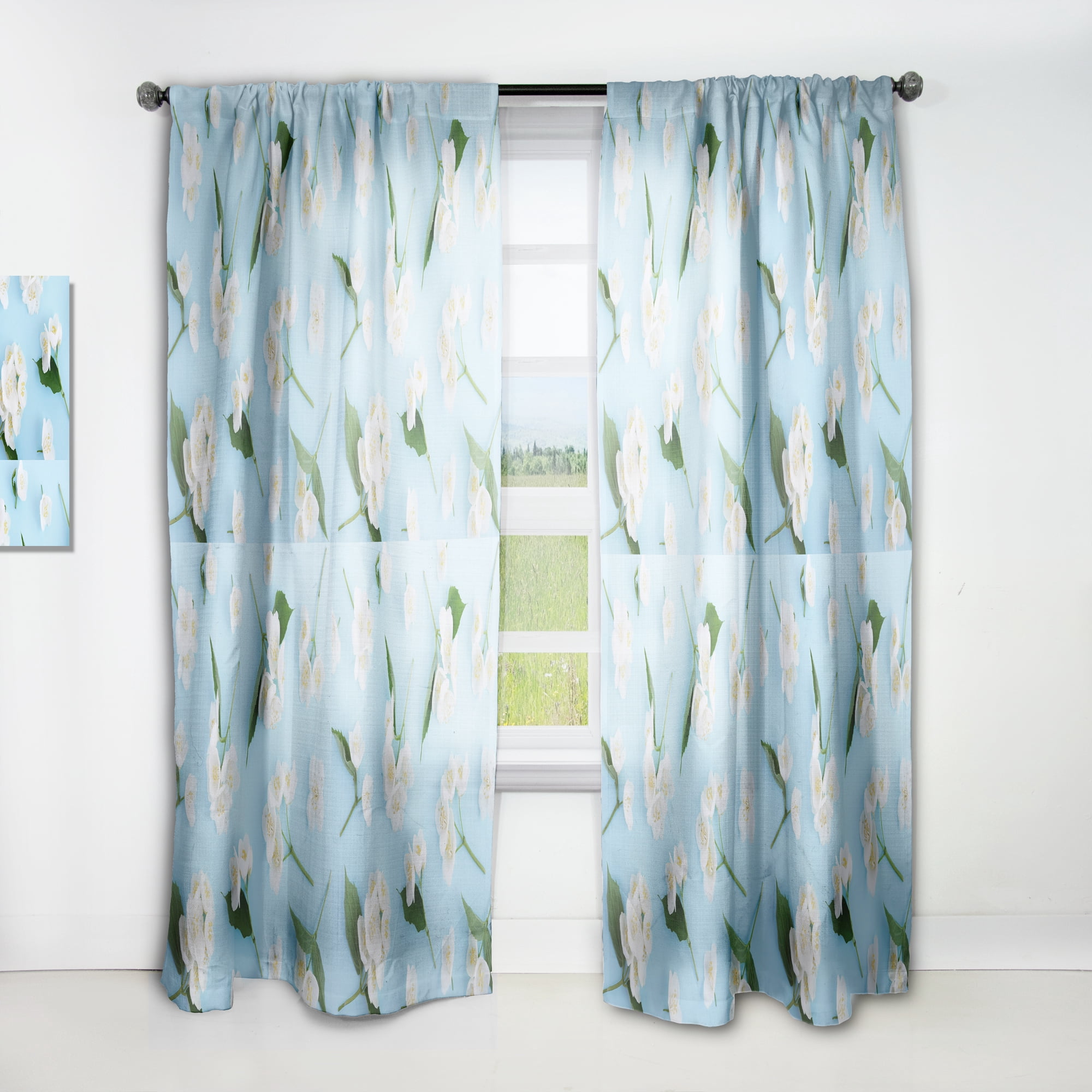 Designart 'Jasmine White Flowers On Bright Blue' Mid-Century Modern Curtain Panel