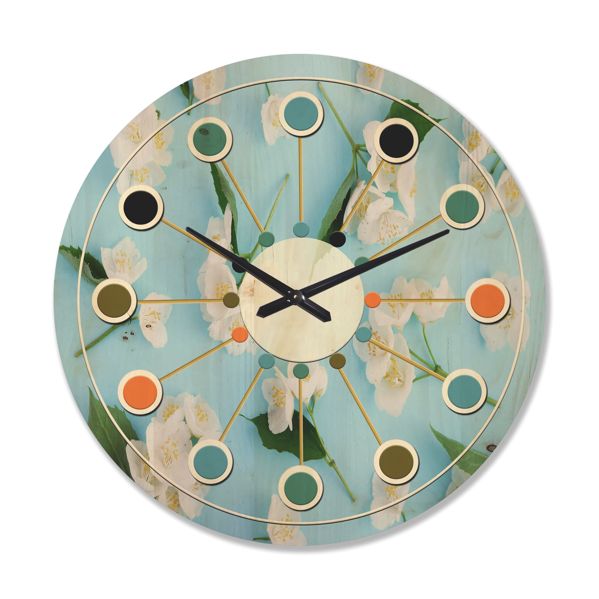 Designart 'Jasmine White Flowers On Bright Blue' Mid-Century Modern Wood Wall Clock