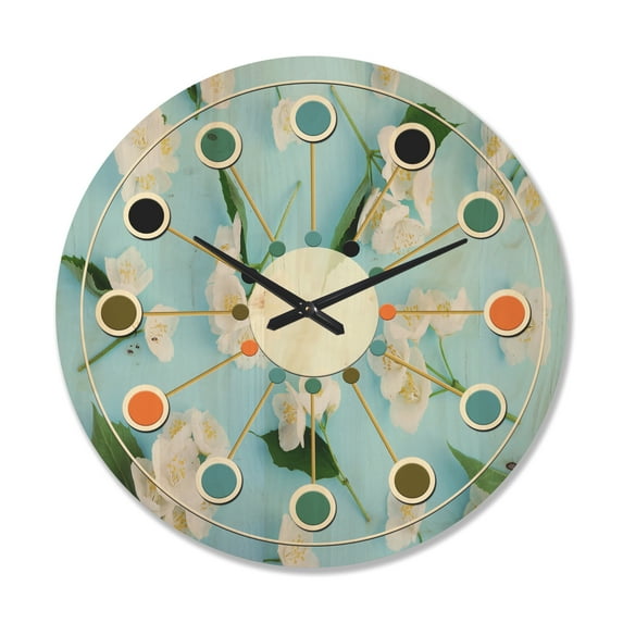 Designart 'Jasmine White Flowers On Bright Blue' Mid-Century Modern Wood Wall Clock