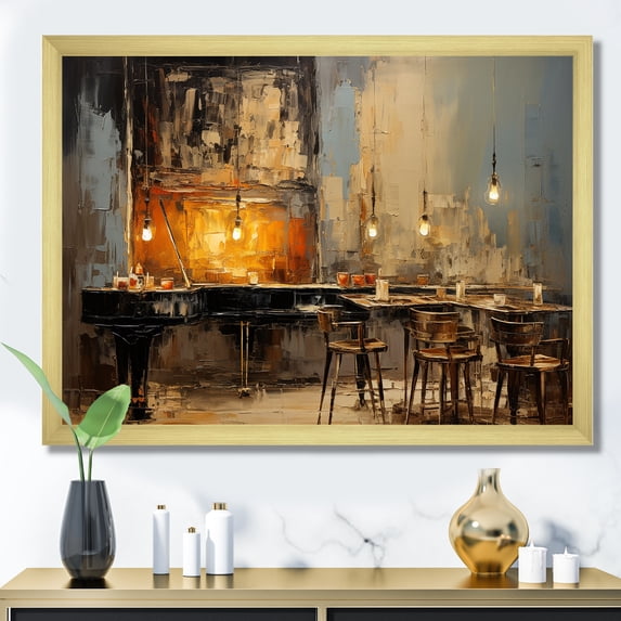 Designart "Jazz Cafe Atmosphere with Vintage Piano Sonata I" Music Framed Wall Art Decor - Traditional Yellow Music Jazz Entryway Framed Wall Art Print