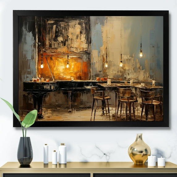 Designart "Jazz Cafe Atmosphere with Vintage Piano Sonata I" Music Framed Wall Art Decor - Traditional Yellow Music Jazz Entryway Framed Wall Art Print