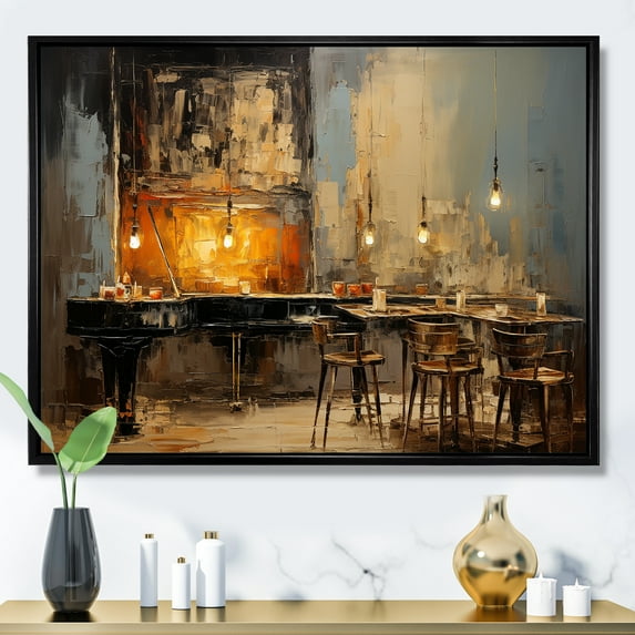 Designart "Jazz Cafe Atmosphere with Vintage Piano Sonata I" Music Framed Wall Art - Traditional Yellow Music Jazz Entryway Framed Wall Art