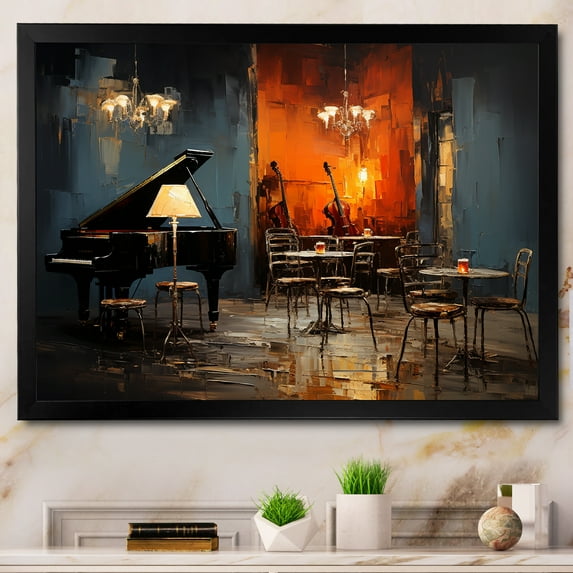 Designart "Jazz Cafe Atmosphere with Vintage Piano Sonata II" Music Framed Wall Art Decor - Traditional Red Music Jazz Bedroom Framed Canvas Wall Art