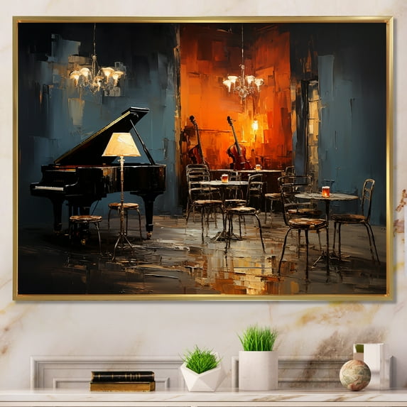 Designart "Jazz Cafe Atmosphere with Vintage Piano Sonata II" Music Framed Wall Art - Traditional Red Music Jazz Hallway Framed Wall Art Decor
