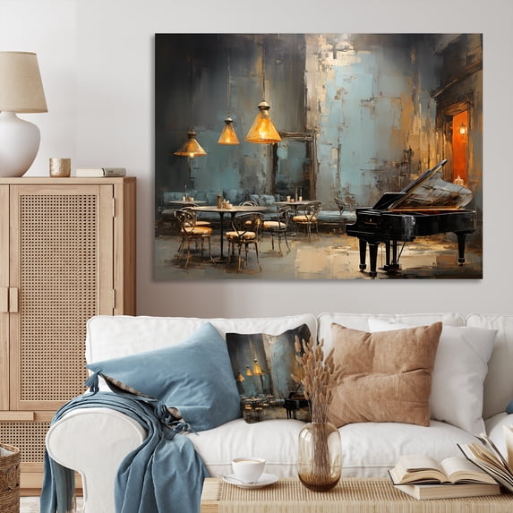 Designart "Jazz Cafe Atmosphere with Vintage Piano Sonata III" Music Wall Art - Traditional Yellow Music Jazz Bedroom Canvas Wall Art
