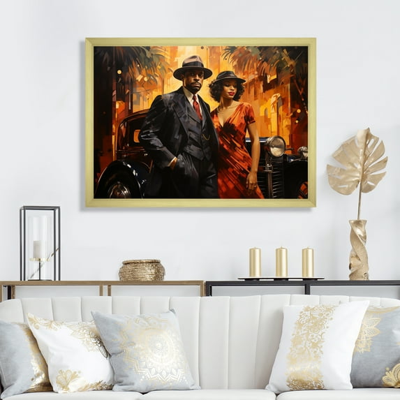 Designart "Jazz Couple in Black and Red Harlem Renaissance II" People Framed Wall Art Decor - Global Black Harlem Renaissance Bedroom Framed Canvas Wall Art
