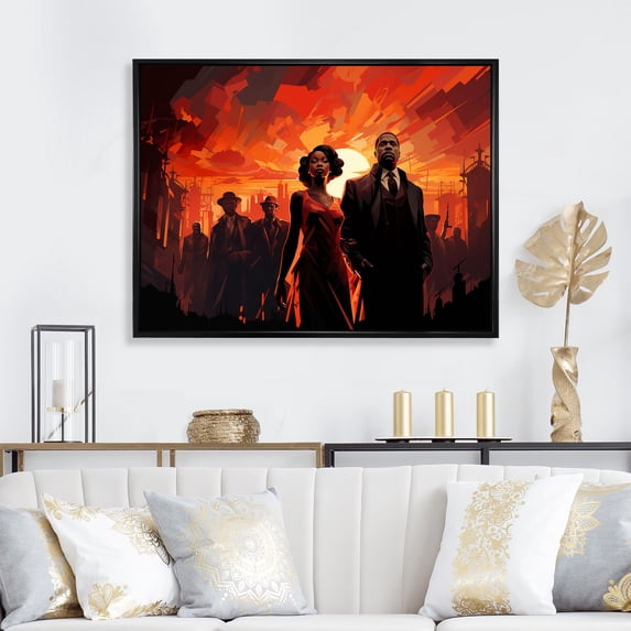 Designart "Jazz Couple in Red and Black Harlem Renaissance" People Framed Wall Art - Global Red Harlem Renaissance Entryway Framed Wall Art Print