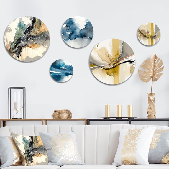Designart "Jazz Rhythms In Shades Of Gray IV" Abstract Liquid Ink Metal Wall Art Set of 5 Piece