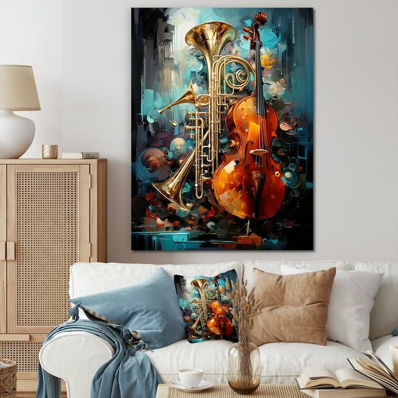 Designart "Jazzed Jade Tribute With Trombone And Violin" Music Canvas Wall Art