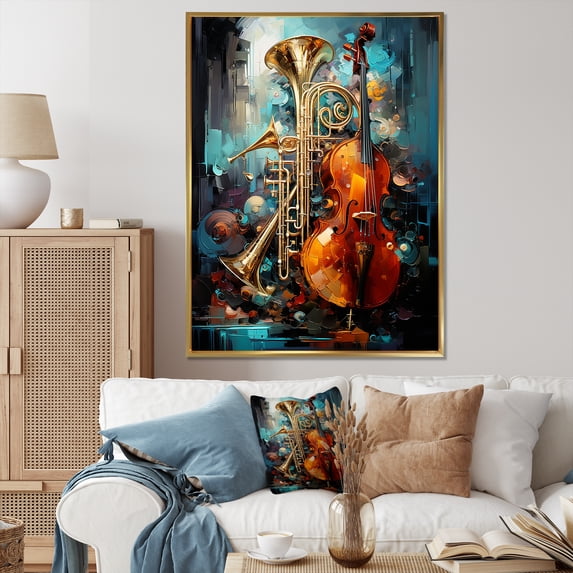Designart "Jazzed Jade Tribute With Trombone And Violin" Music Floater Framed Canvas Wall Art
