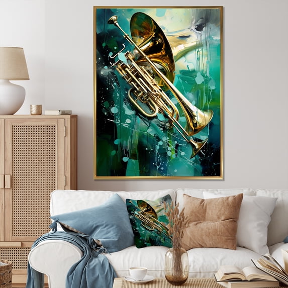 Designart "Jazzed Jade Trombone Tribute II" Music Floater Framed Canvas Art Print