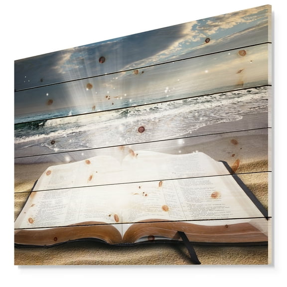 Designart 'Jesus Bible at beach' Religious Art Print on Natural Pine Wood