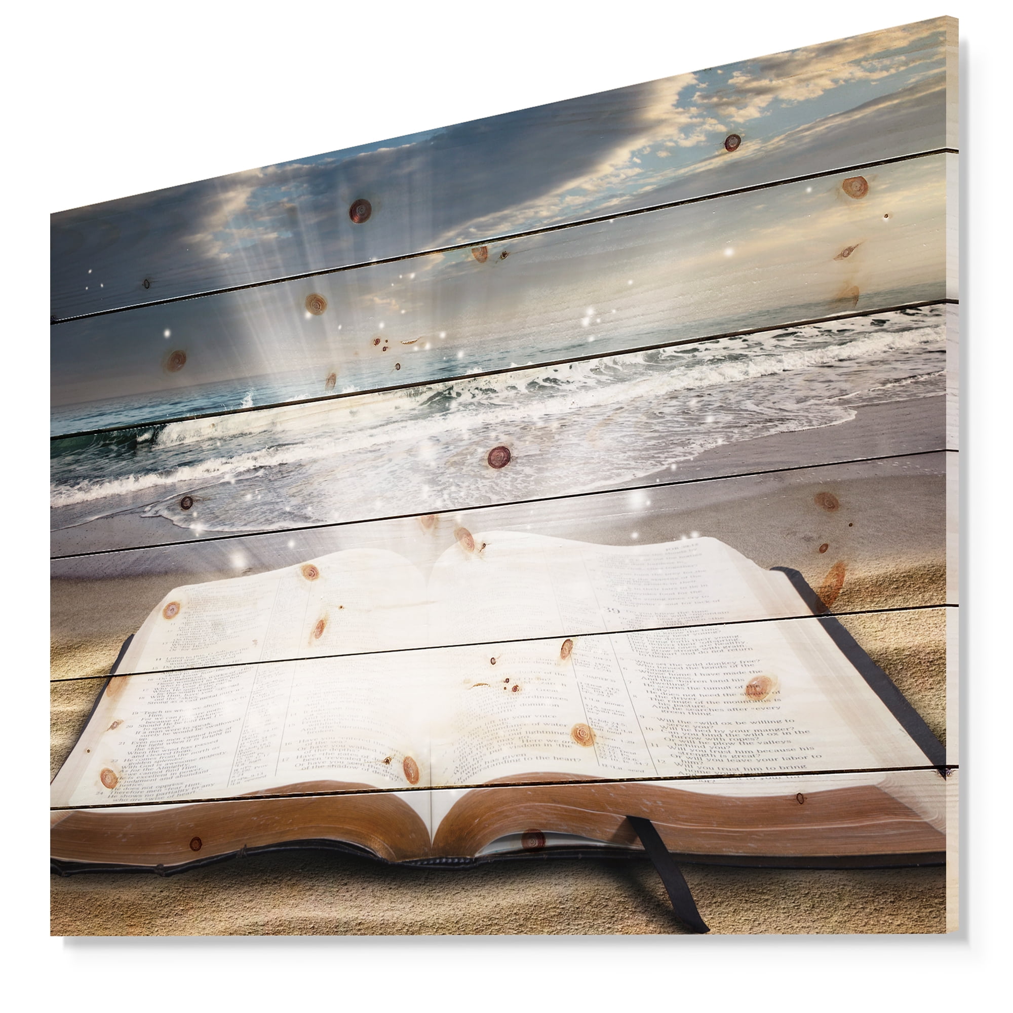 Designart 'Jesus Bible at beach ' Religious Print on Natural Pine Wood