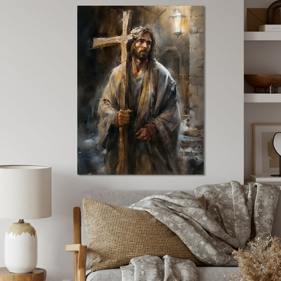 Designart "Jesus With Cross III" Religious Landscape Wall Art Print