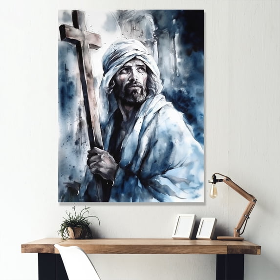 Designart "Jesus With Cross VI" Religious Landscape Wall Art For Kitchen