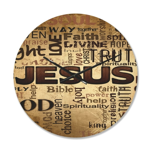 Designart 'Jesus' Word Cloud in Grunge Quote' Modern Wood Wall Clock
