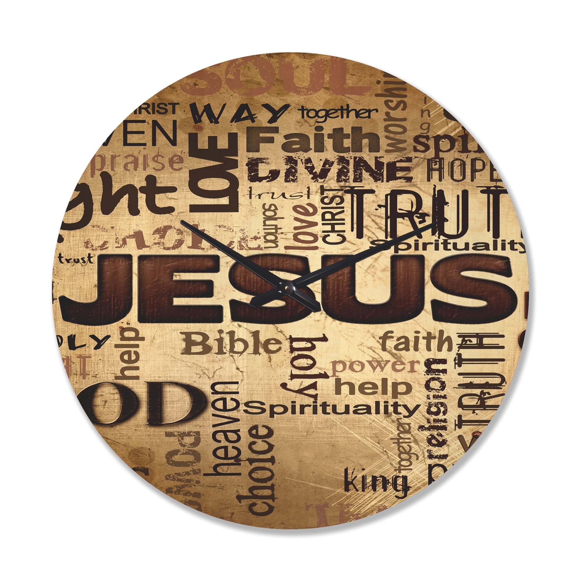 Designart 'Jesus' Word Cloud in Grunge Quote' Modern Wood Wall Clock