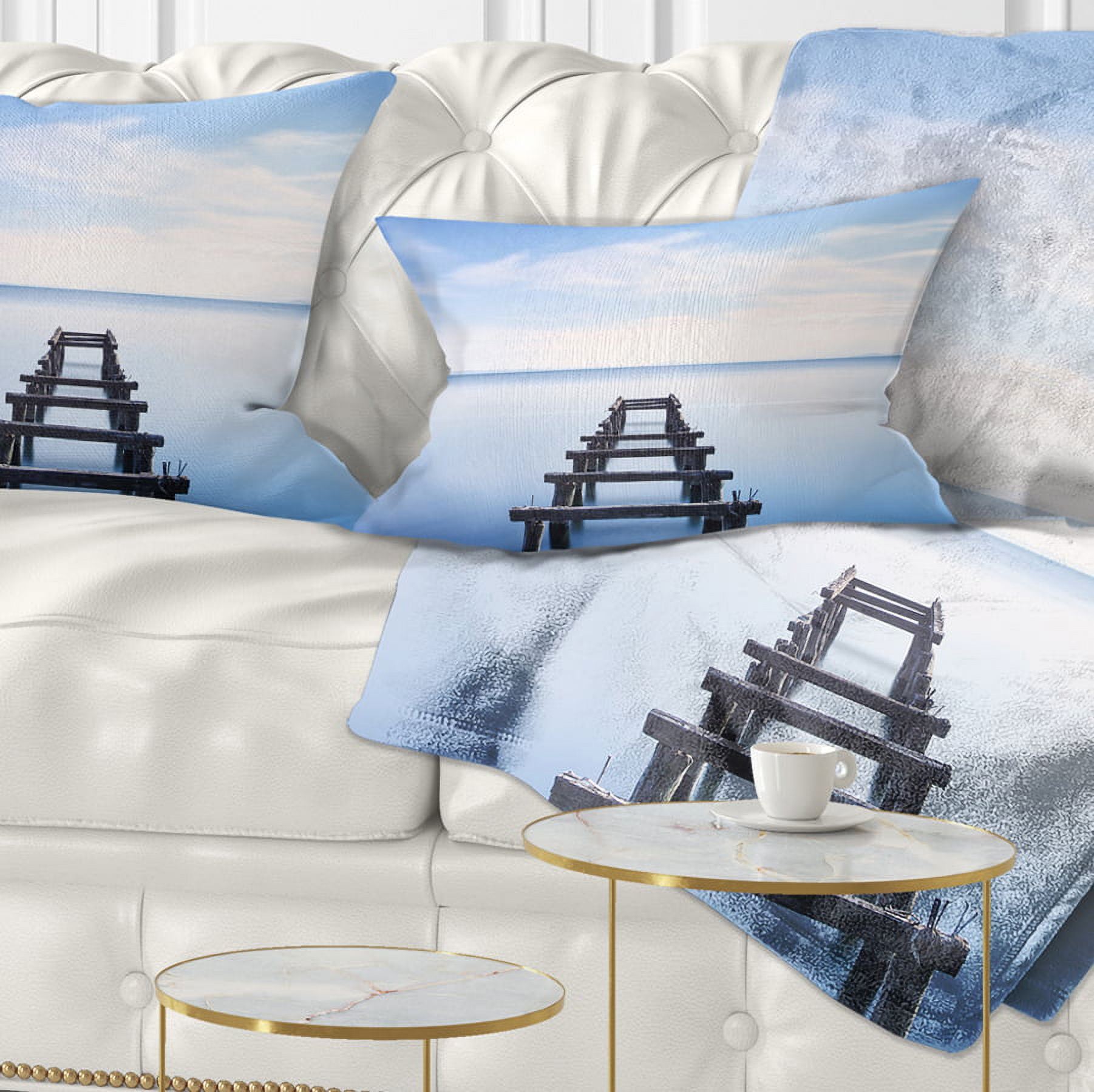 Designart Jetty Remains in Blue Lake - Seascape Throw Pillow - 12x20