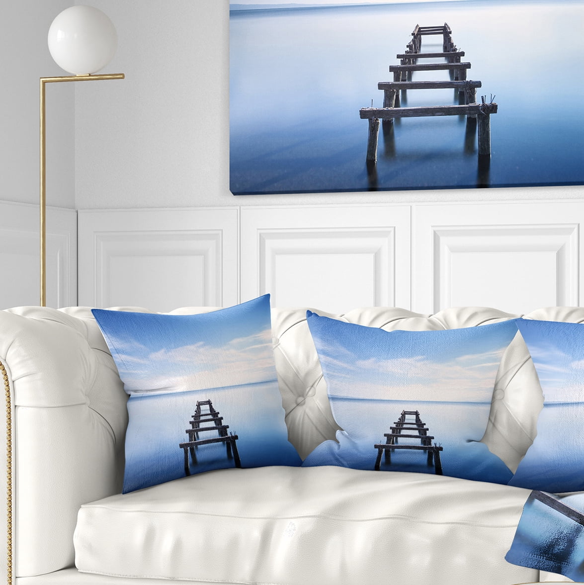 Designart Jetty Remains in Blue Lake - Seascape Throw Pillow - 16x16