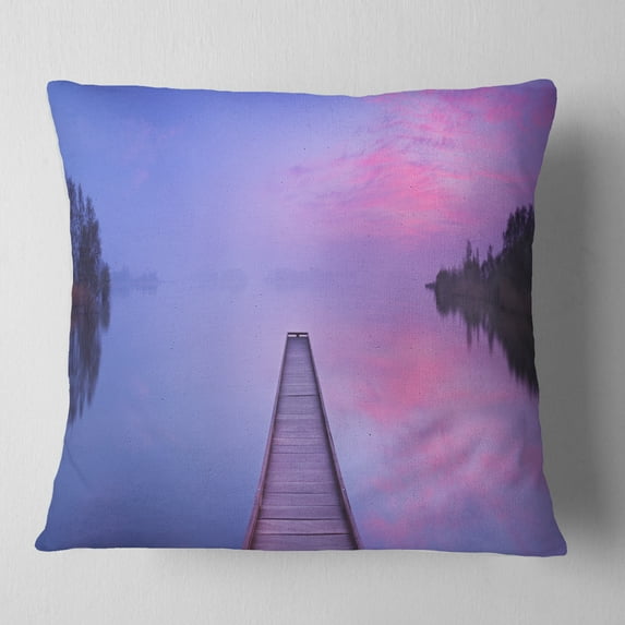 Designart Jetty in a Dawn Lake - Wooden Sea Bridge Throw Pillow - 16x16