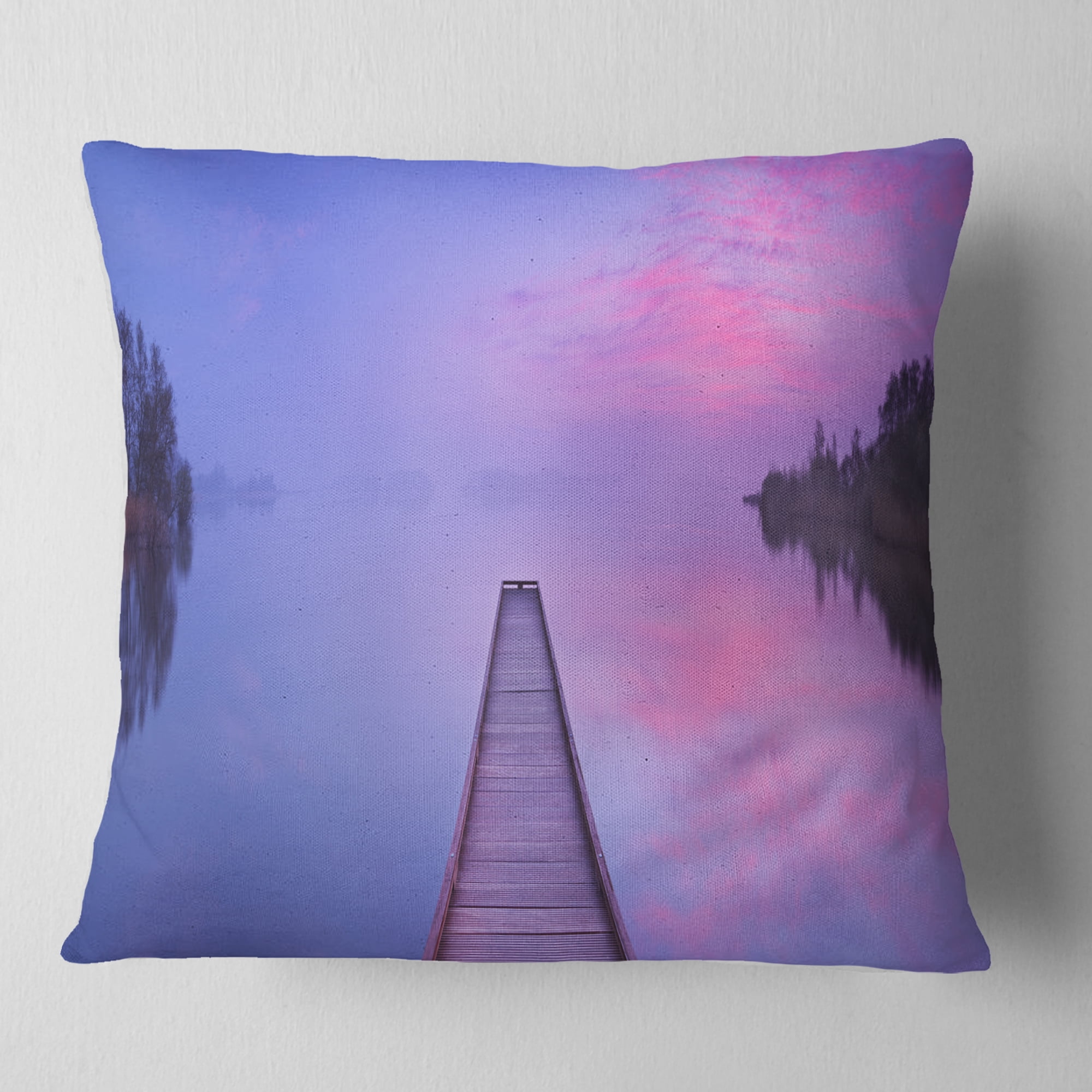 Designart Jetty in a Dawn Lake - Wooden Sea Bridge Throw Pillow - 18x18